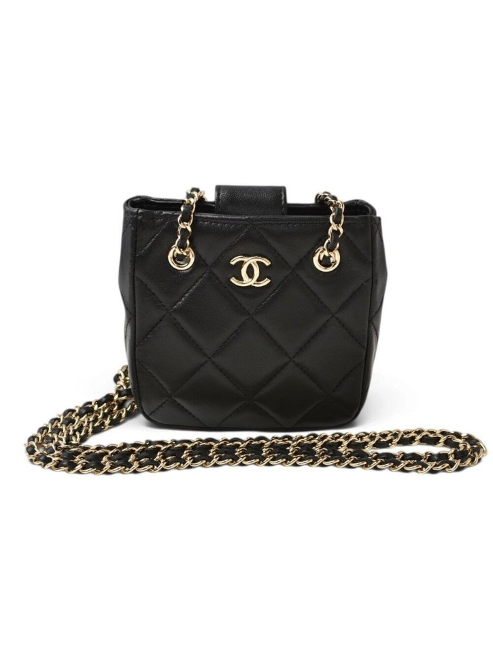 Chanel Chain Shoulder Bag Pochette Quilted Lambskin Black Gold